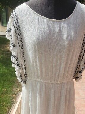 Free People White Tiered Dress with Black Embroidered Trim